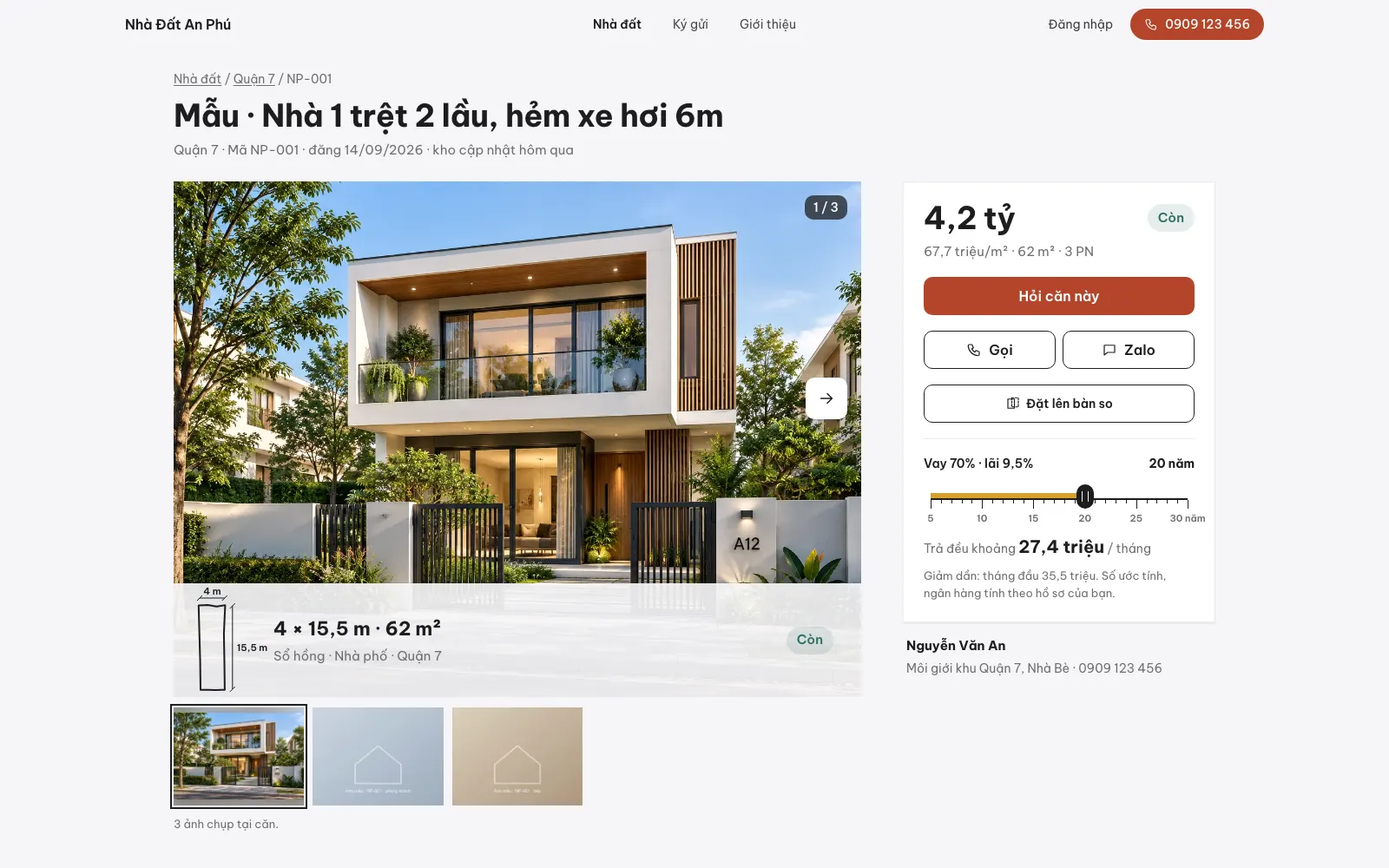 Trang một căn web mẫu: bộ ảnh lớn kèm dải ảnh nhỏ, hình thửa vẽ theo số đo thật, khung giá có nút Hỏi căn này, Gọi, Zalo và máy tính trả góp